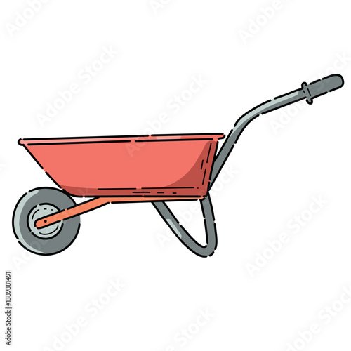 A bright red garden wheelbarrow. Vector illustration in cartoon style. Gardening equipment, spring planting of crops. Isolated on a white background.