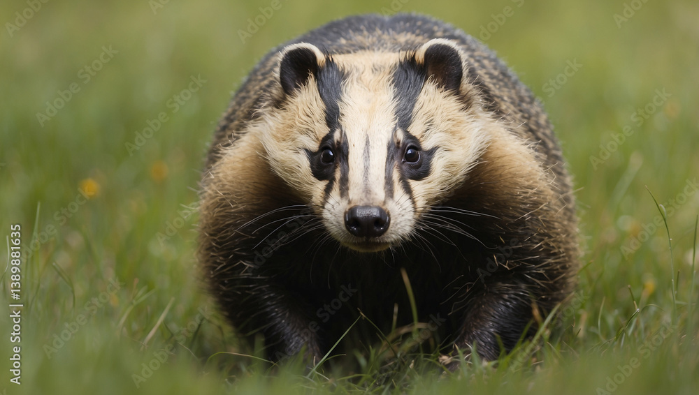 Badger (Meles meles) in Grass for Wildlife Observation and Nature Photography Badger (Meles meles) in Grass for Wildlife Observation and Nature Photography