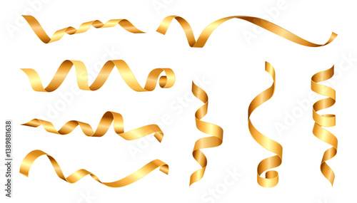 Glittering confetti spiral ribbons. Vector isolated realistic gold serpentine for celebration of holiday, gift decor. Flying golden shimmer for party, festival or festive event, carnival