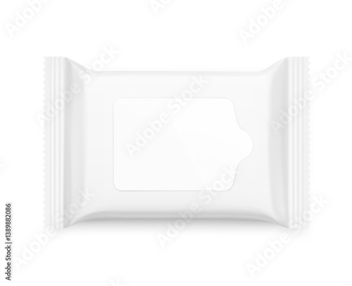 Wet wipes flow package mockup with realistic flap. Vector illustration isolated on white background. Can be use for your design, promo, adv and etc. EPS10.