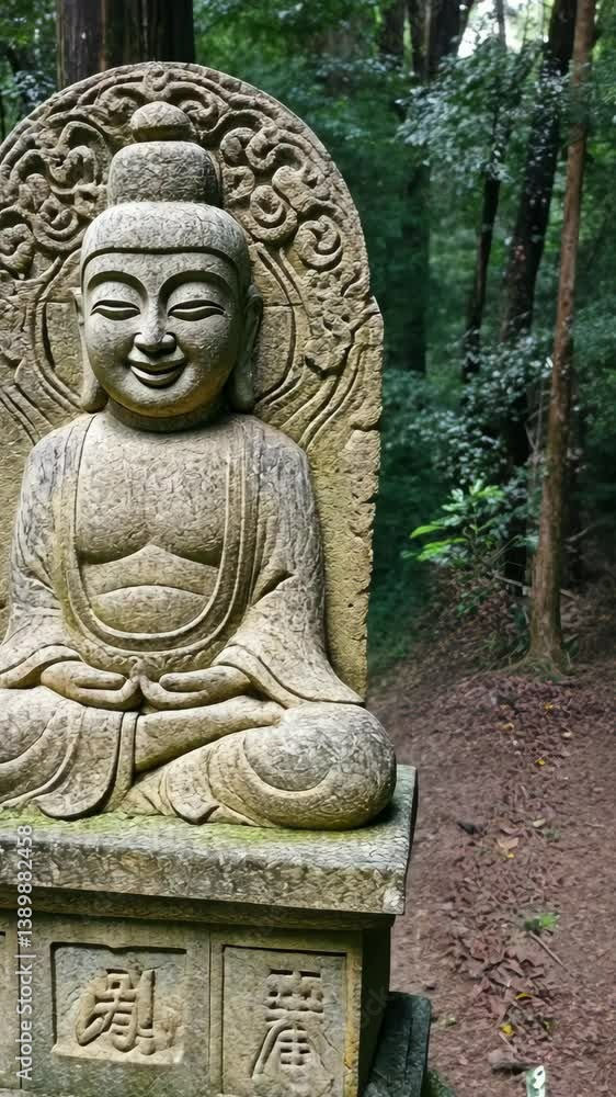 Stone statue of a serene figure surrounded by lush forest greenery in a tranquil garden setting Stone statue of a serene figure surrounded by lush forest greenery in a tranquil garden setting