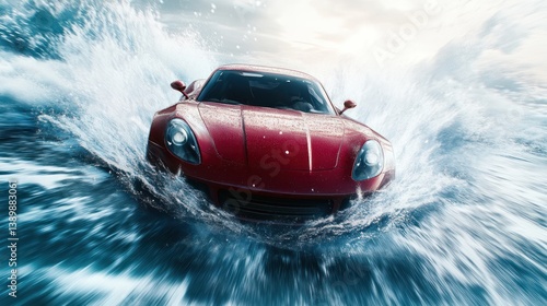 A red sports car speeding through large splashing water waves