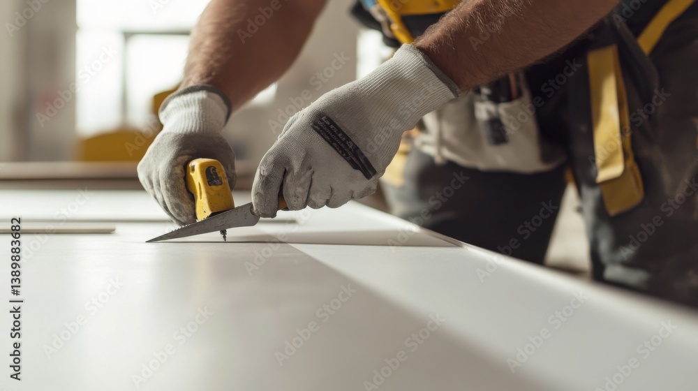 A drywall installer measuring and cutting drywall sheets. Featuring attention to detail and care A drywall installer measuring and cutting drywall sheets. Featuring attention to detail and care