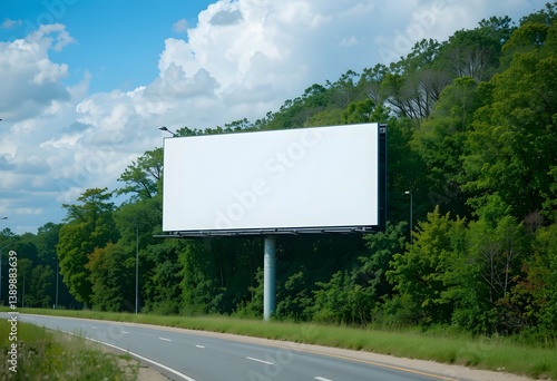 Blank Billboard on Highway with Lush Green Trees