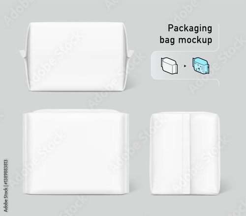 Packaging bag mockup. Front, flat lay and side views. Vector illustration isolated on white background. Ready for your design. Suite for the presentation of pads, diaper, wipes, etc. EPS10.