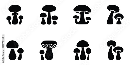 Mushroom Icon Set Black Silhouettes Of Different Fungi Shapes On White Background
