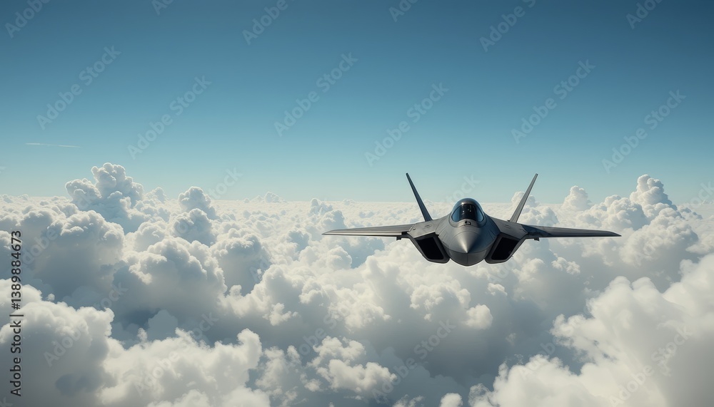 Fototapeta premium Stealth fighter emerging flying cloud banks into clear blue sky.