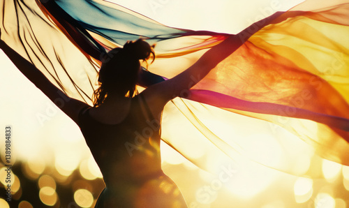 person silhouette with colorful fabric glowing in sunlight outdoors, soft focus, motion blurred photo