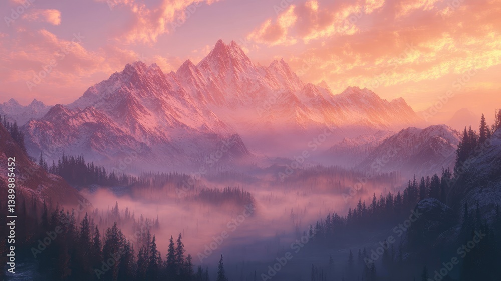 Obraz premium Majestic Mountain Range Under Vibrant Sunset with Misty Valley and Forest in the Foreground