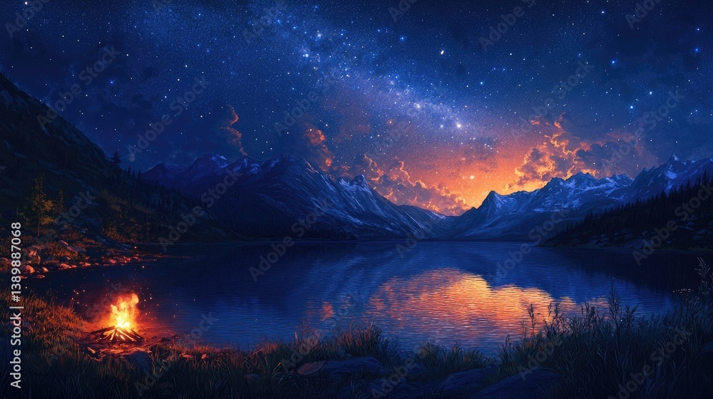Naklejka premium Serene Night Landscape with Campfire and Starry Sky Over Majestic Mountains and Calm Lake Reflections