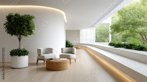 Conceptual neuroarchitecture space with curving walls and natural elements designed for cognitive and emotional well-being