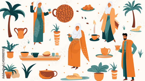 Islamic Vector Pattern with Traditional Arab Man in Kandura - Cultural Flat Illustrations for Design Projects