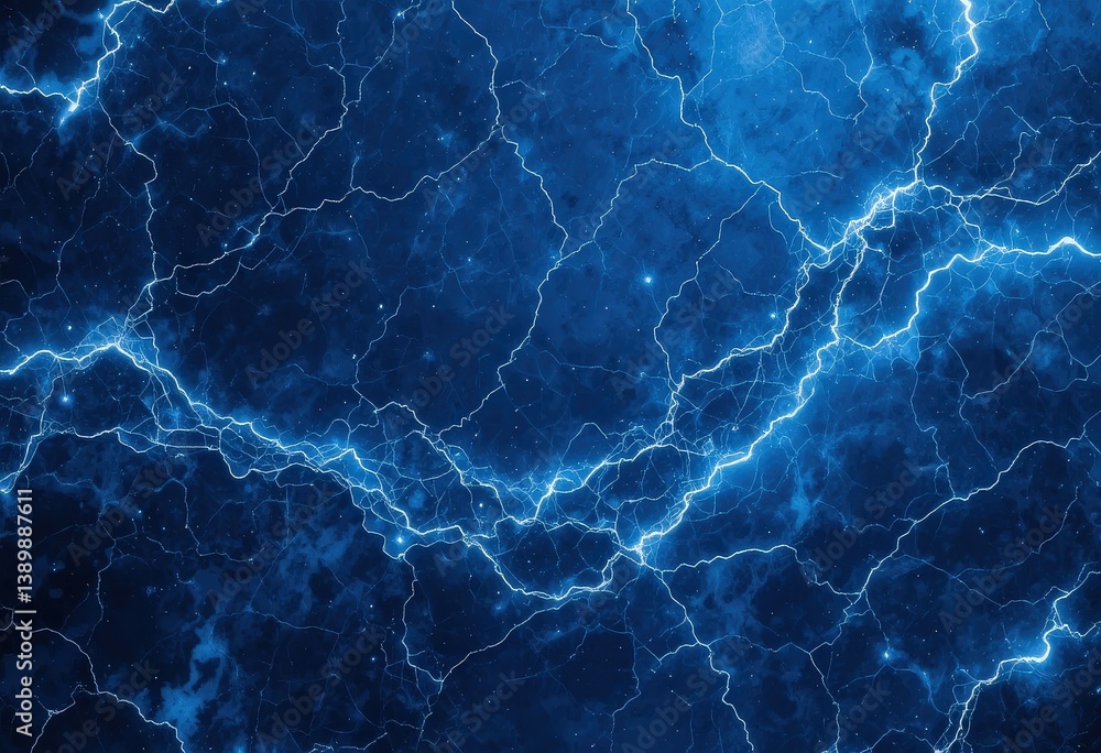 A dramatic scene unfolds as bright bolts of lightning illuminate the dark night sky, creating a stunning contrast against the deep blue and black clouds, showcasing nature's raw power.