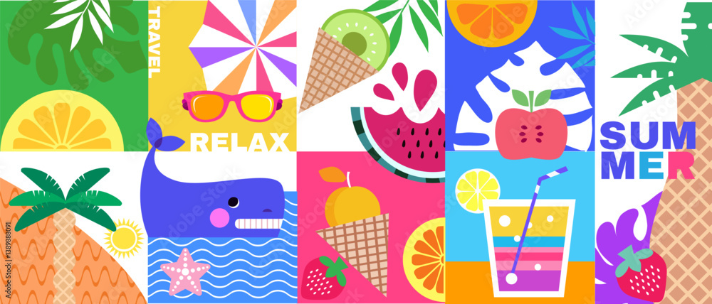 Naklejka premium Summer concept design abstract background Set funky icons Vector cute flat illustration