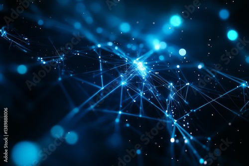 glowing blue 3D data network with abstract shapes and lines, floating in a dark space with ample room for copy