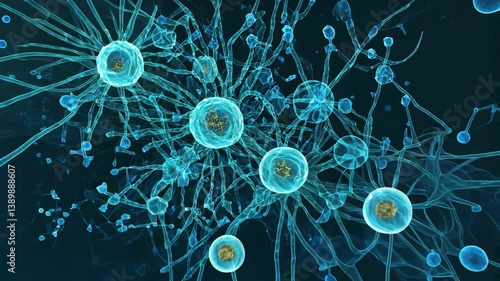 Microscopic view of vibrant cells interacting in a dark background highlighting biological activity