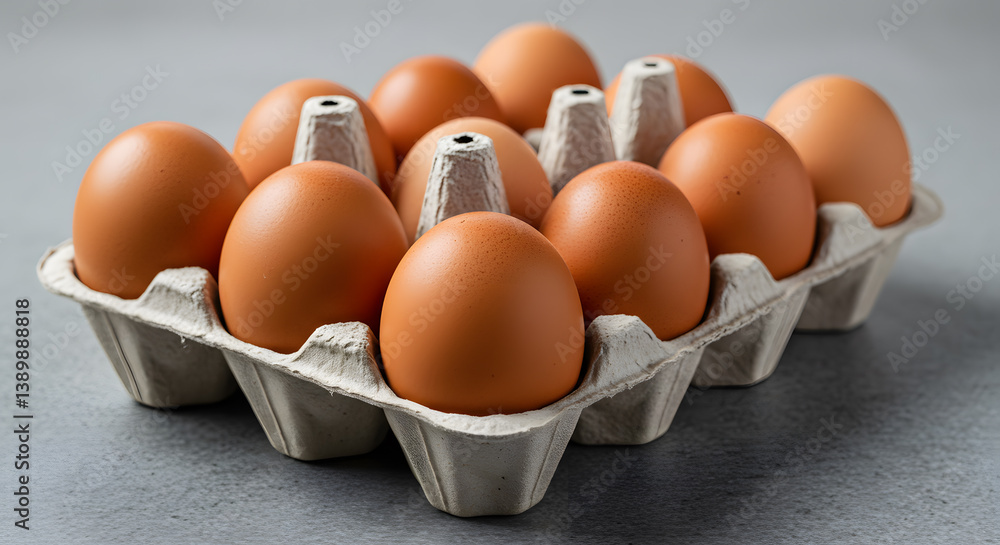 Dozen Brown Eggs in Carton with Natural Light on Gray Surface Dozen Brown Eggs in Carton with Natural Light on Gray Surface