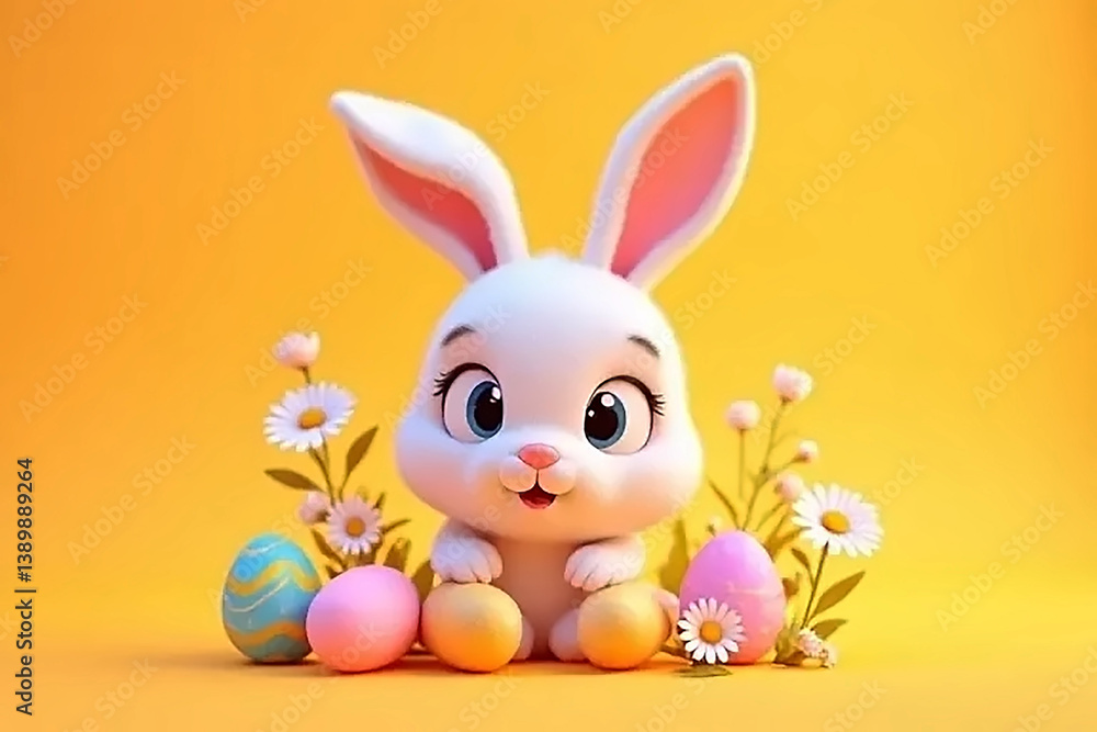 Fototapeta premium Cute Bunny with Decorated Eggs and Flowers Easter Day Card