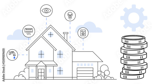 Modern house displaying interconnected smart devices for lighting, appliances, water, energy, and security. Ideal for technology, energy savings, innovation, home automation smart living