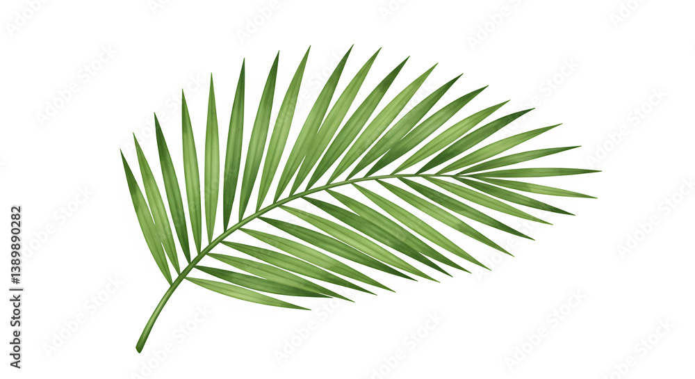 Obraz premium A beautiful digital illustration of a green palm leaf with a watercolor effect. The leaf has a natural and organic look, featuring delicate, elongated leaflets arranged symmetrically along the central