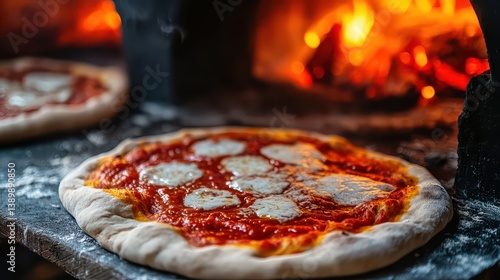A close-up of homemade sourdough pizza dough with tomato sauce, just before placed in a hot wood-fired oven, capturing the artistry of traditional Italian pizza-making.