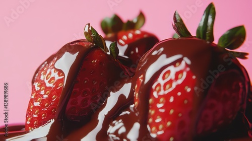 A close-up of juicy strawberries coated in rich chocolate sauce, resting on a bright-colored background, creating a bold contrast between the fruit and the chocolate.