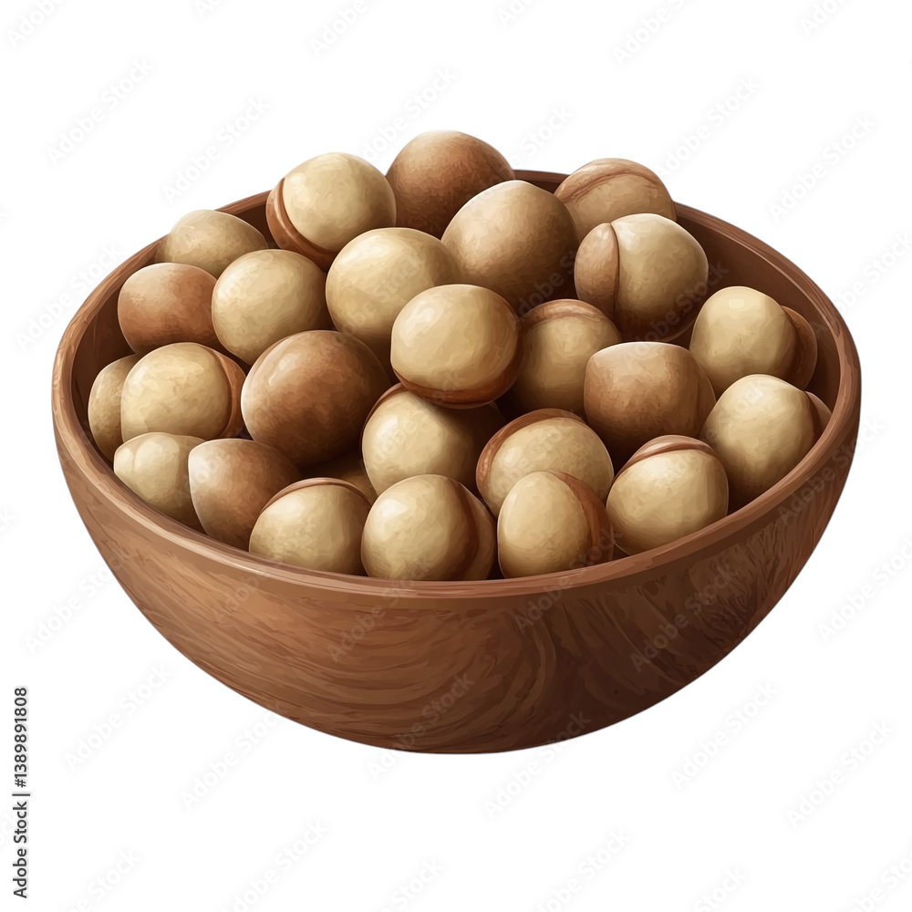 Wooden bowl filled with natural macadamia nuts, realistic detail, isolated transparent background. Wooden bowl filled with natural macadamia nuts, realistic detail, isolated transparent background.