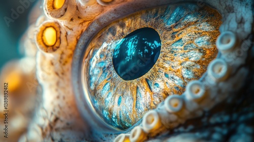 A high-definition close-up of an octopus' eye, capturing every fine detail of the iris and the reflective surface of the ocean 