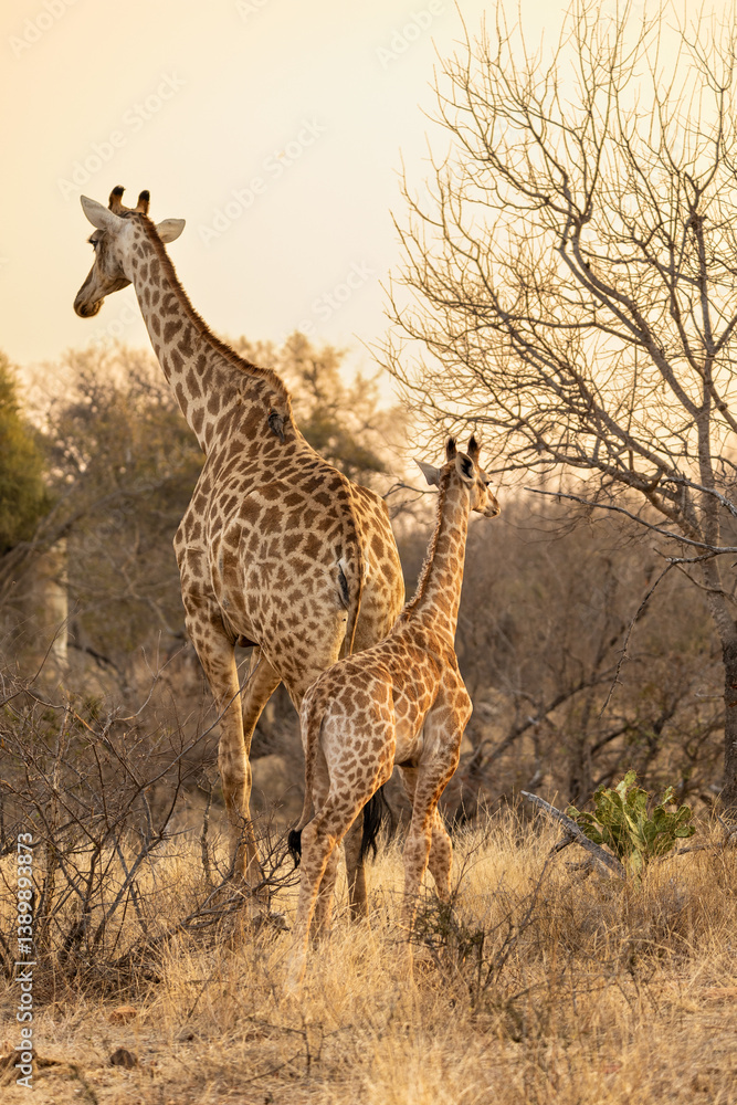 Obraz premium A Giraffe and Calf Walking in the South African Bush at Sunset