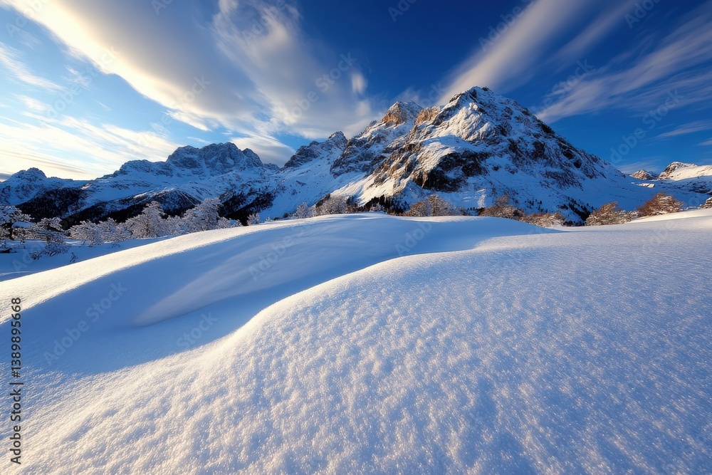 An enchanting snow-covered landscape illuminated by twilight, showcasing undulating forms and a majestic mountain range that invites tranquility and reflection. An enchanting snow-covered landscape illuminated by twilight, showcasing undulating forms and a majestic mountain range that invites tranquility and reflection.