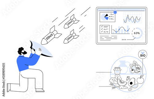 Man shields analytical dashboard from DDOS attacks with a large protective shield, nearby highlighting natural, organic products Ideal for cybersecurity, data protection, risk management, IT