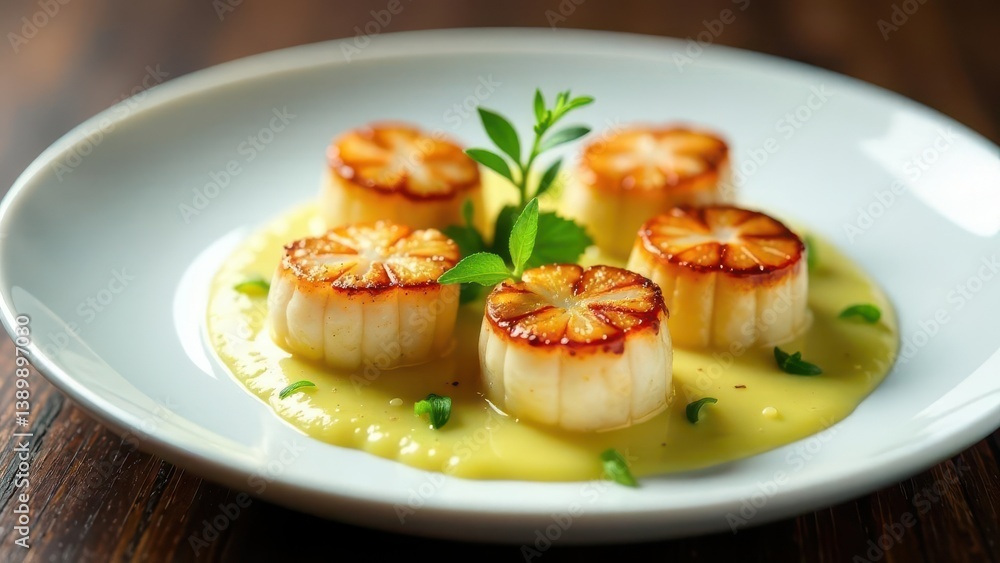 Delicious Pan-Seared Scallops with Creamy Lemon Sauce,Garnished with Fresh Herbs, a Culinary Delight Delicious Pan-Seared Scallops with Creamy Lemon Sauce,Garnished with Fresh Herbs, a Culinary Delight