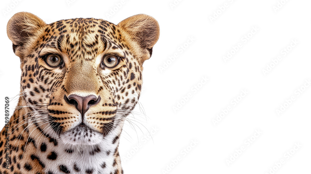 Fototapeta premium Majestic leopard gazing directly at the camera with striking spot patterns and intense eyes captivating the viewer, isolated a transparent background.