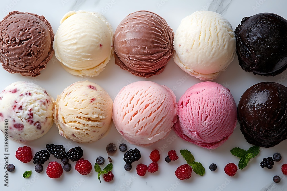 Assorted Flavors Ice Cream Scoops, Marble Background, Berries, Refreshments, Top View Assorted Flavors Ice Cream Scoops, Marble Background, Berries, Refreshments, Top View