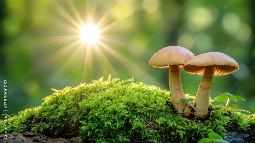 Fototapeta premium Sunlit Mushrooms on Mossy Log in Forest