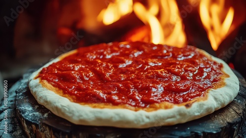 A close-up shot of fresh sourdough pizza dough topped with rich tomato sauce, ready to be placed into a blazing wood-fired oven, symbolizing the authenticity of Italian pizza.