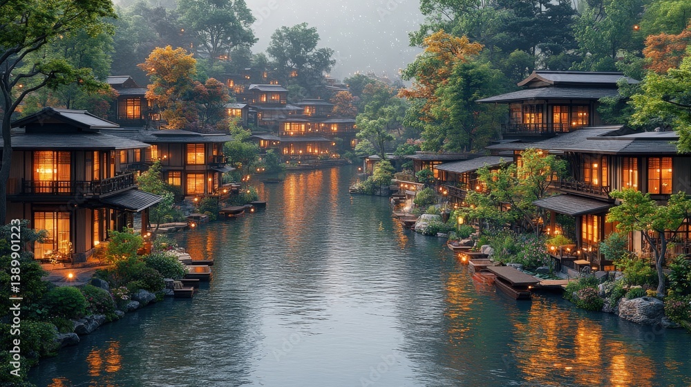 Obraz premium Illuminated River Village with Misty Dawn.