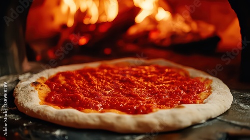 A close-up shot of fresh sourdough pizza dough topped with rich tomato sauce, ready to be placed into a blazing wood-fired oven, symbolizing the authenticity of Italian pizza.