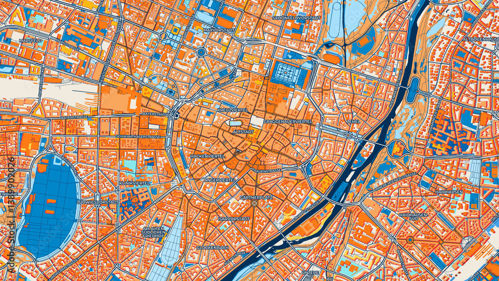 Colorful München Street Map with Labels and Buildings Colorful München Street Map with Labels and Buildings