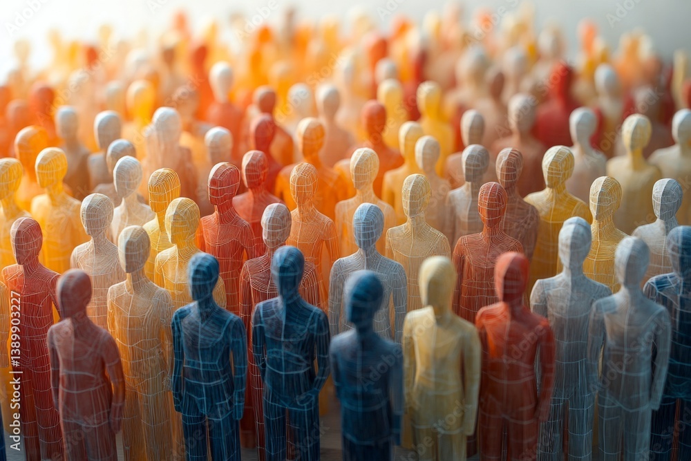 Obraz premium Abstract scene with group of orange and blue toy-like figurines