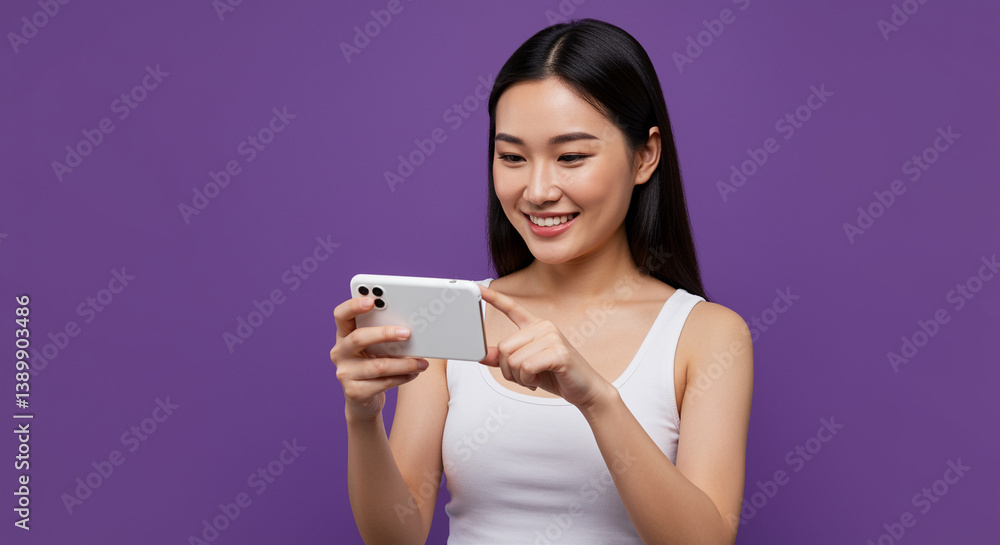 Smiling Asian woman using smartphone in hands against purple background. Woman in white top holding phone horizontally and touching screen Smiling Asian woman using smartphone in hands against purple background. Woman in white top holding phone horizontally and touching screen