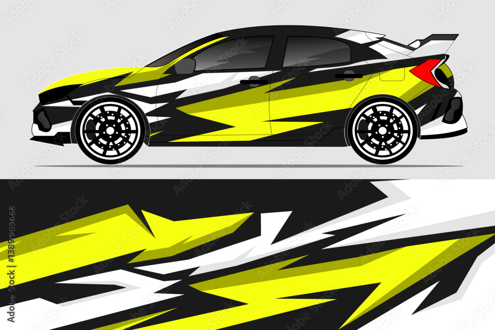 Vibrant car wrap design featuring dynamic yellow and black lightning patterns on a sleek vehicle Vibrant car wrap design featuring dynamic yellow and black lightning patterns on a sleek vehicle