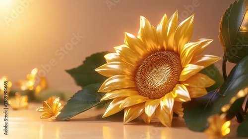Golden Sunflower Blooming with Delicate Green Leaves and Petals