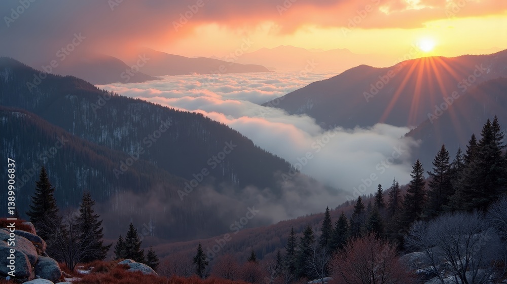 Obraz premium Parnitha National Park in Greece captured from above at dawn, showing mild, rainy winter conditions across the landscape.