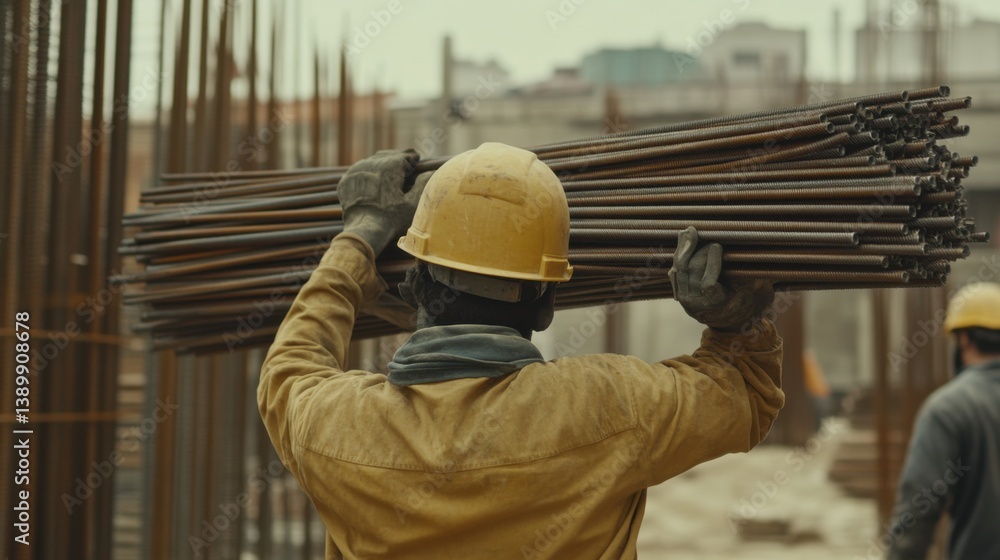 A laborer carrying metal rods at a construction site for steel reinforcement. Featuring physical strength and teamwork A laborer carrying metal rods at a construction site for steel reinforcement. Featuring physical strength and teamwork