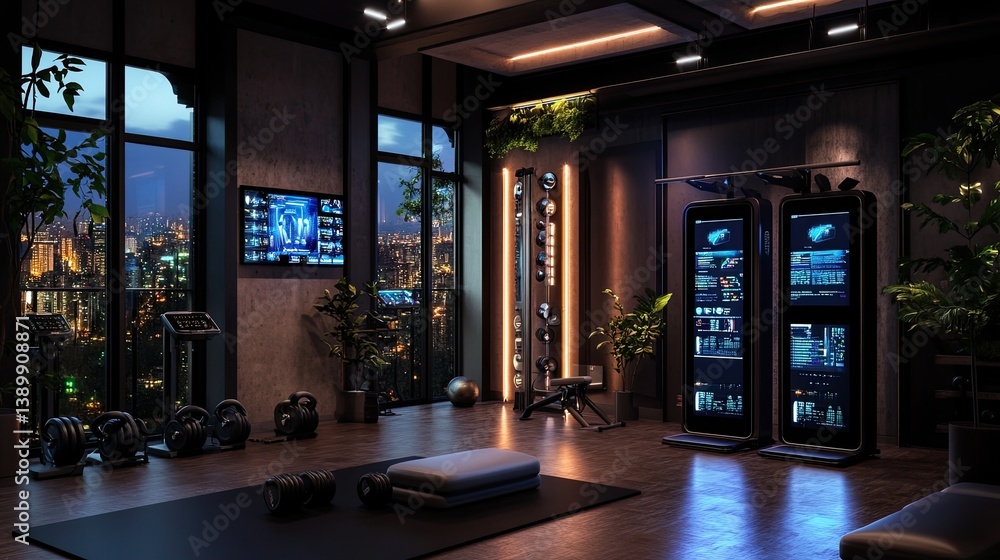 Modern Home Gym with View Over City Lights at Night Time