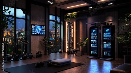 Obraz na płótnie Modern Home Gym with View Over City Lights at Night Time w salonie