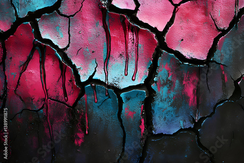 Cracked dry earth with neon paint dripping into the cracks, dystopian meets nature
