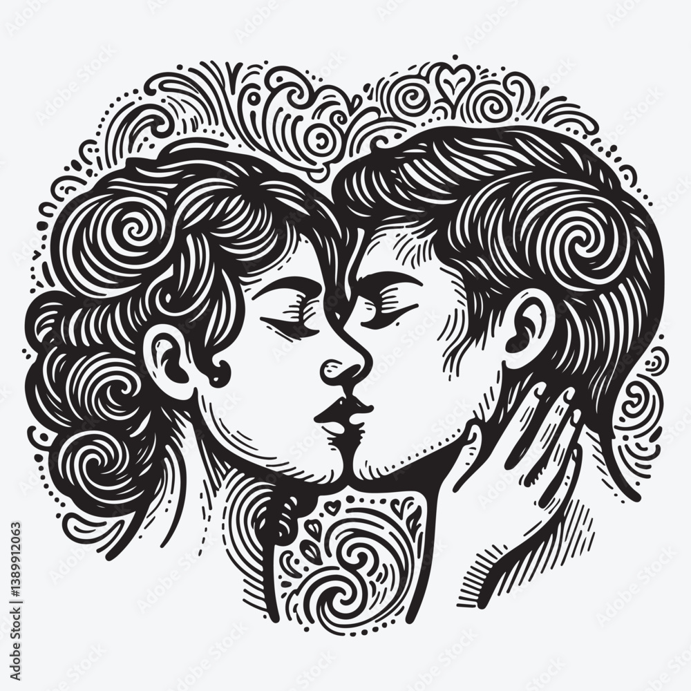 Man and woman kissing close-up heads without faces - hand drawn doodle Man and woman kissing close-up heads without faces - hand drawn doodle