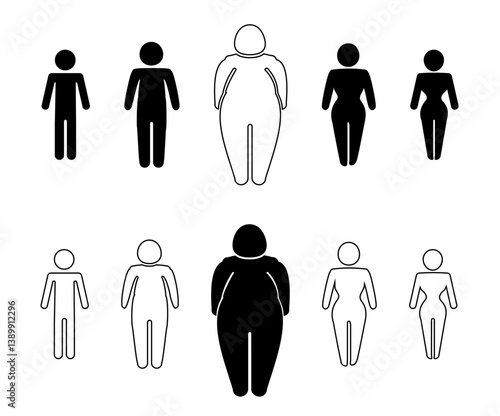 A man or woman diets and exercises from fat to fitness series frontal view. Figure and size person, body index mass. Vector